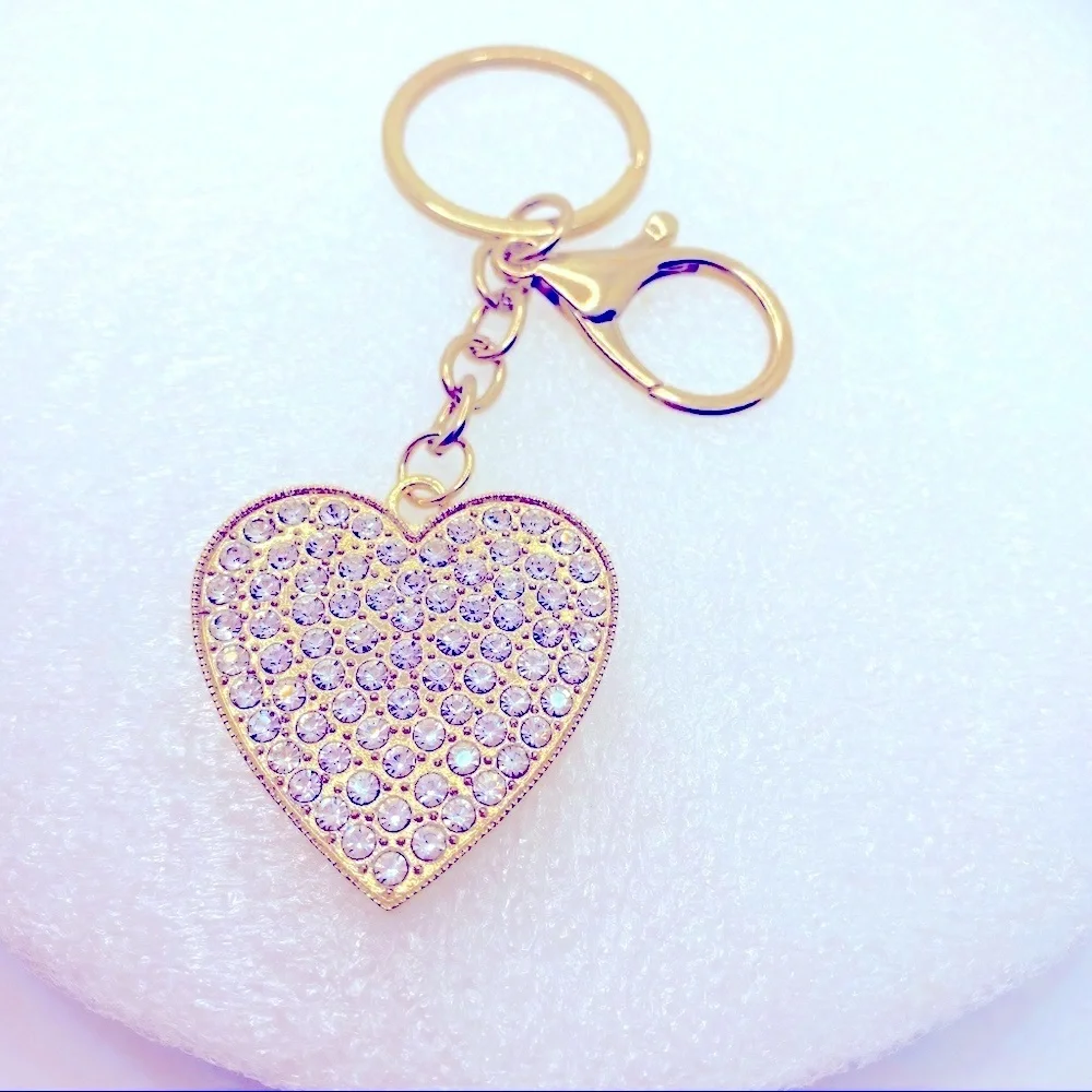 Purse Charm Key Chain Heart Crystals with Golden